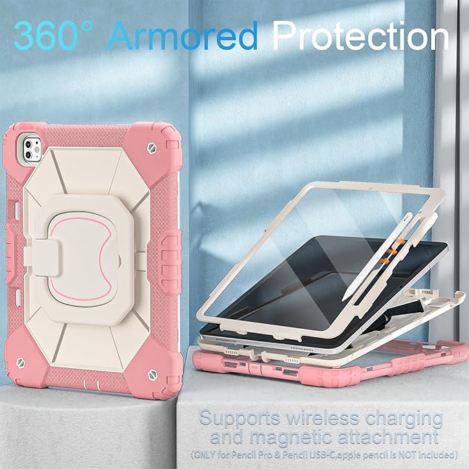 WESOROL for iPad Pro 13 Inch Case M5 2025/M4 2024 (7th Gen) with Screen Protector/360° Rotating Stand/Pencil Holder/Shoulder Strap,Military Grade Shockproof iPad Case 13 Inch iPad Pro M5/M4,Rose Gold