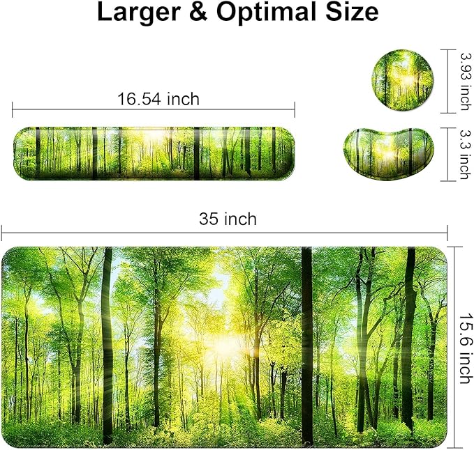 Keyboard Wrist Rest + Mouse Pad with Wrist Support + Desk Mat + Coaster 4 in 1 Set, XXL Large Gaming Mousepad Cute Ergonomic Mouse Pads for Desk Computer Laptop Office Decor-Sunlight Forest