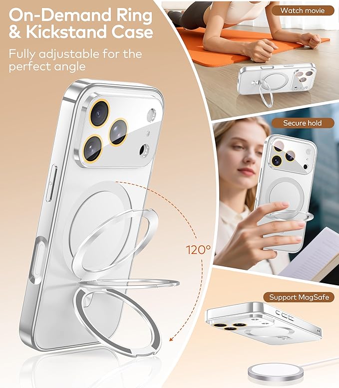 TOBOVON Magnetic for iPhone 17 Pro Max Case with Ring Stand, Fits MagSafe, with Built-in Camera Lens Protector, Slim Electroplated Shockproof Phone Cover, Silver