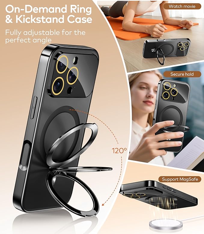 TOBOVON Magnetic for iPhone 16 Pro Max Case with Ring Stand, Fits MagSafe, with Built-in Camera Lens Protector, Slim Electroplated Shockproof Phone Cover, Black