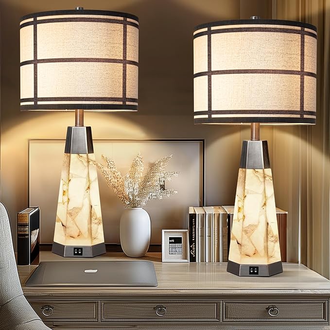 KIVDITZO 27" Alabaster Table Lamps for Living Room, Bedroom Lamps Set of 2 with Night Light, Living Room Lamps with USB A+C Ports, Table Lamp with Linen Shade for Bedside (Bulbs Included)