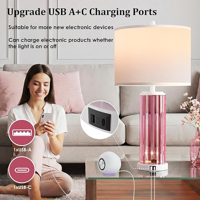 QiMH Table Lamps for Bedroom Set of 2 with Nightlight, Modern Bedside Lamp with USB A+C Charging Port, White Pink Nightstand Lamp for Living Room White Shade Home Decor, 2 Bulbs Included