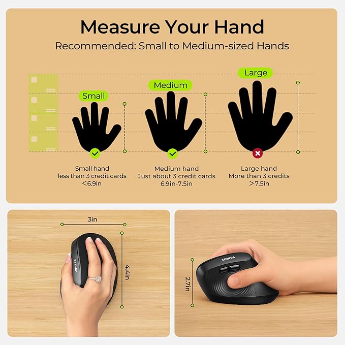 seenda Ergonomic Mouse Wireless, MOU200 Bluetooth Vertical Mouse - 3 Multi-Device Connectivity,1000/1600 /2400 DPI, Ergo Optical Mice for Windows, Mac OS, Computer/PC/Laptop, Black