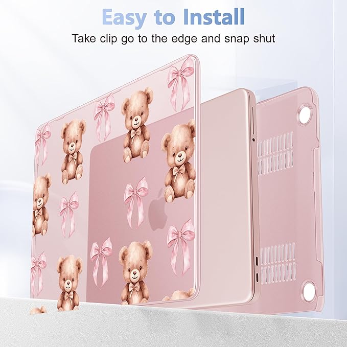 Case for 2026 MacBook Neo 13-inch Laptop with Liquid Retina Display, Release Model A3404, Sturdy Plastic Hard Shell Case + Keyboard Cover + Trackpad Film + Dust Plug, Teddy Bears & Pink Bows