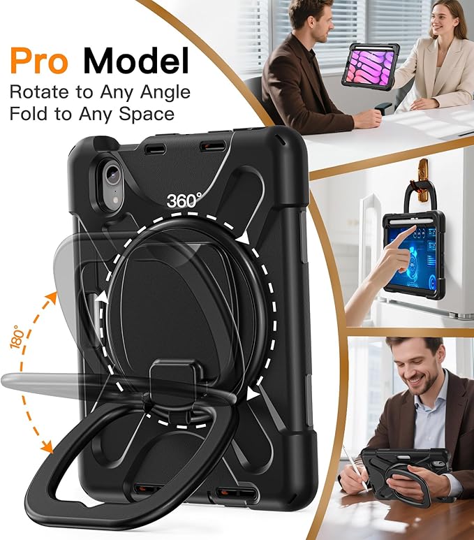 BATYUE Case for iPad mini 7 A17 Pro 2024/iPad Mini 6 2021 8.3 Inch with Pencil Holder, 360 Rotating Stand, Shoulder Strap, Handle Grip, Shockproof Rugged Case for iPad mini 7th/6th Gen, Black