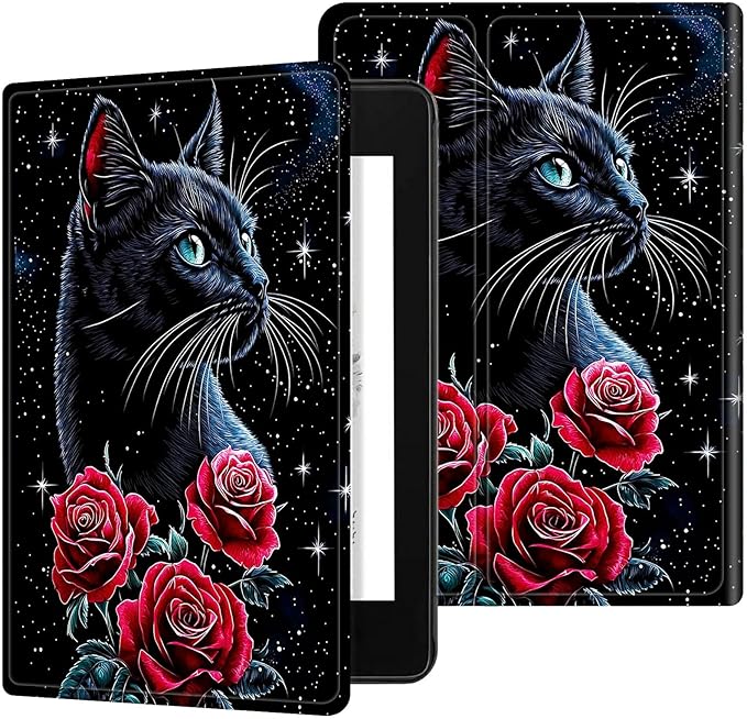 for 7" Kindle Paperwhite 12th Generation 2024/2025 & Kindle Colorsoft Signature Edition Tablet Case, Slim Kickstand Stand Leather Smart Cover with Auto Wake/Sleep, Red Rose Cat Black