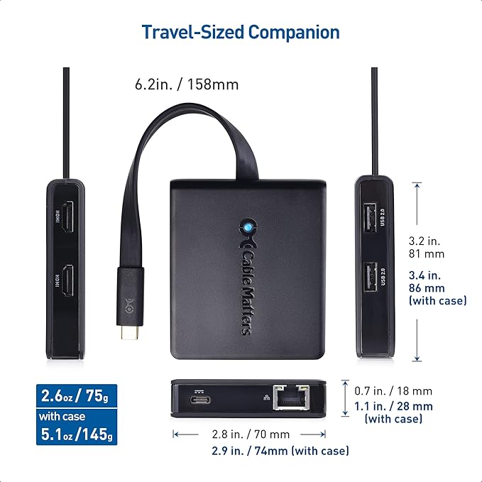 Cable Matters Dual Monitor USB C Hub (USBC Dock) with Dual 4K HDMI, 2X USB 2.0, Ethernet, and 100W Charging - Thunderbolt 4 / USB4 / Thunderbolt 3 Port Compatible with Windows