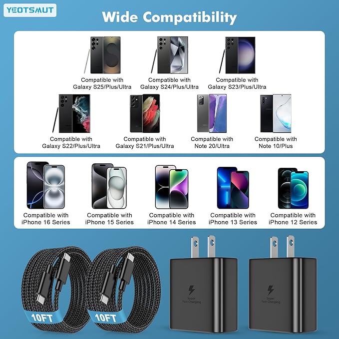 45W Fast Charger USB C, 45W Type C Fast Charger for Samsung Galaxy S25 Ultra/S25+/S24 Ultra/S24+/S23 Ultra/S23+/S22/S20, Tab 10FT Type C Cords