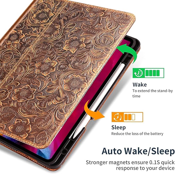 Gexmil Genuine Leather Case for iPad Pro 13 Inch (M5/M4) 2025/2024 with Pencil Holder,Protective Shockproof Smart Premium Leather Folio Cover Adjustable Stand Auto Sleep/Wake Anti-Slip,Flower Brown
