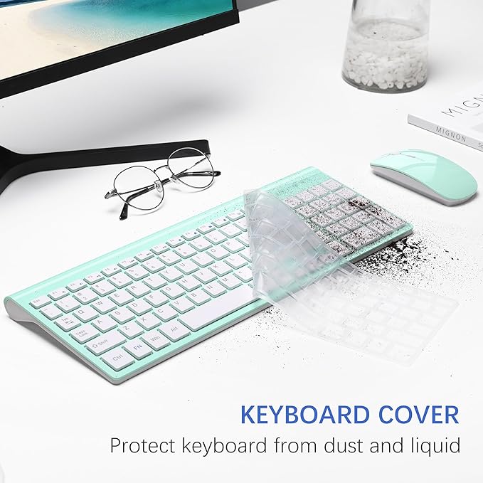 TopMate Wireless Keyboard and Mouse Ultra Slim Combo, 2.4G Silent Compact USB 2400DPI Mouse and Scissor Switch Keyboard Set with Cover, Batteries Included, for PC/Laptop/Windows/Mac - Mint Green