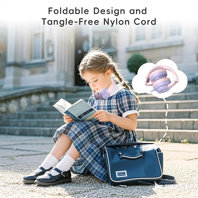 Candy Bila Kids Headphones, Wired Headphones for Kids Over Ear with Microphone, 85/94dB Volume Limiter Headphone for Girls Boys, Foldable Headphone for Learning & Entertainment, Gradient Pink