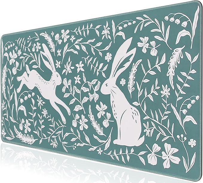 L-SPOUTTO Green Floral Desk Mat for Keyboard and Mouse,Boho XXL Gaming Mouse Pad,Large 35.4x15.7in Non-Slip Rubber Base Keyboard Pad Waterproof Desktop Mat for Laptop Computer Work Home Office-Rabbits