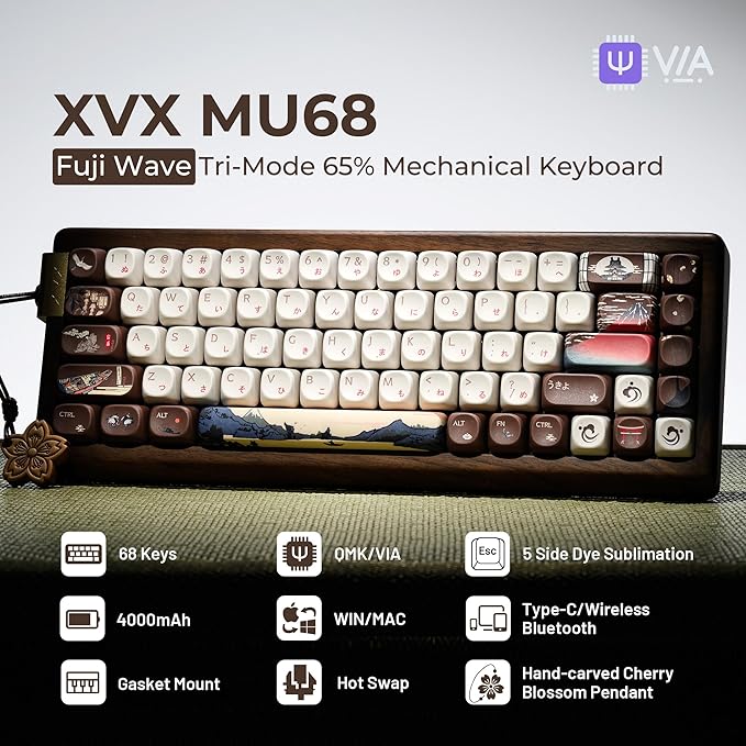 XVX MU68 FujiWave Mechanical Keyboard with Solid Wood Shell, 65% 68-Key Hot-Swap Keyboard with Pre-lubed Linear Switches, PBT 5-Side Dye-Sub MOA Keycaps, Tri-Mode Gasket Mount for Mac & Windows