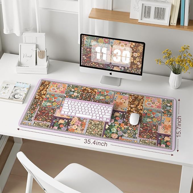 iCasso Floral Desk Pad Mat, Large Mouse Pad, Desk Matt for Desktop, Anti-Slip XXL Big Mousepad with Stitched Edges for Computer Keyboard (Brown)
