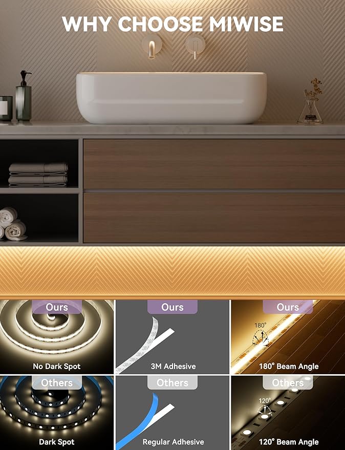 MIWISE LED Strip Lights,Super Bright 5V USB COB Tape Light 9.84ft/3m 2700K Warm White with Touch Dimmer Switch,CRI90+ Flexible Dimmable TV Backlights,for Mirrors,Under Cabinet,Home DIY Projects