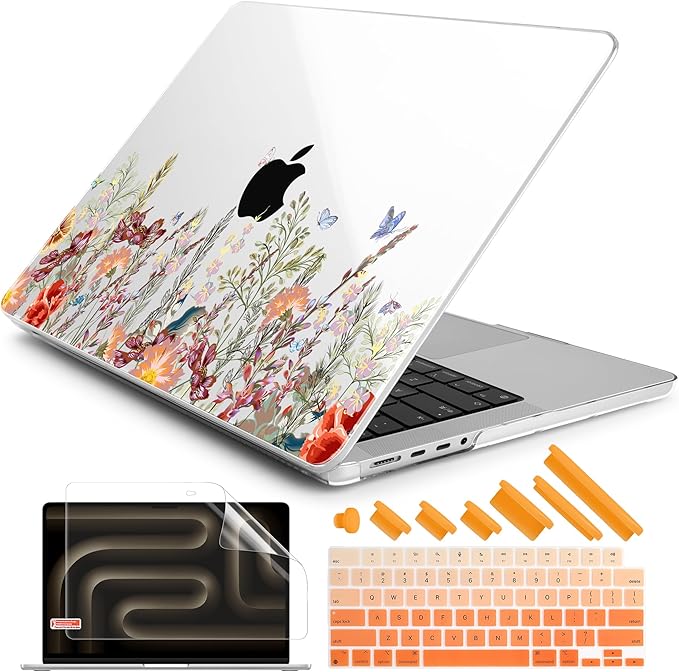 DONGKE Case for MacBook Pro 14 Inch (2026-2021 Release, M5 M4 M3 M2 M1 Pro/Max Chip), Plastic Slim Hard Shell Protective Cover with Keyboard Cover & Screen Protector, Floral Illustration