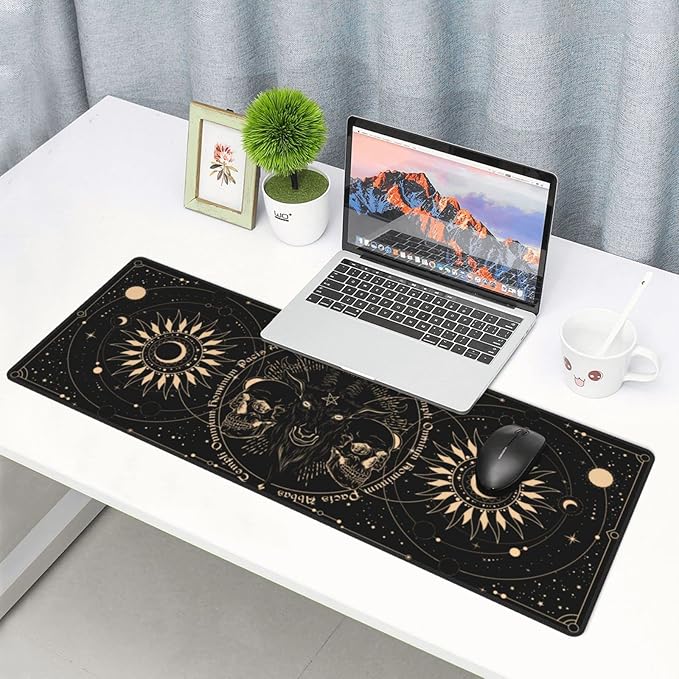 Sun and Moon Gothic Skull Goat Mouse Pad Extended Large Gaming Mouse Pad XL Oversized Desk Pad Stitched Edges 31.5 X 11.8 Inch