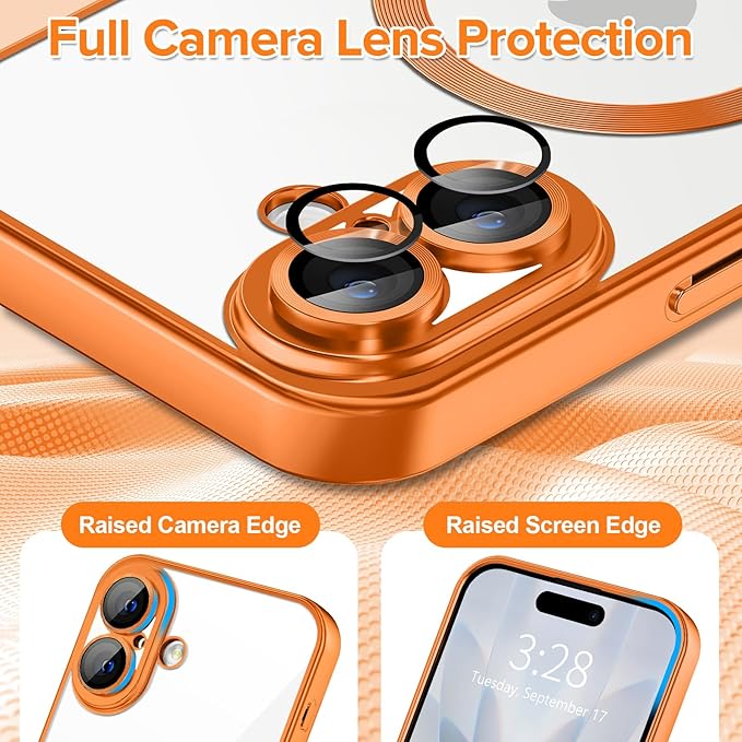 Hython Magnetic Clear for iPhone 17 Case with Camera Lens Protector [Compatible with MagSafe] Luxury Plating Edge Slim Soft TPU Cover Protective Phone Case for iPhone 17 6.3", Matte Orange