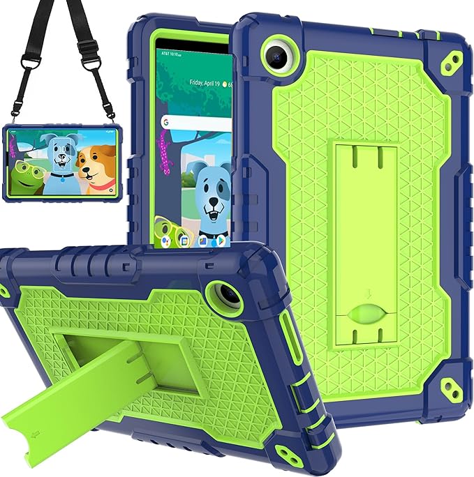 Case for for AT&T Amigo Jr. Tab 8 inch Tablet 9136K - [Built-in Kickstand] Anti Slip Kids Friendly Shockproof Silicone Protective Cover (Navy/Green)