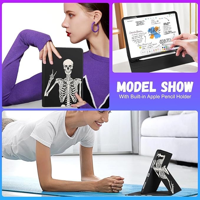 Uppuppy for iPad Air 11 inch (M2/M3) Case, Air 5th/4th Generation 10.9, Pro 11'' Case Cute Kids Women Girls Folio Skeleton Pencil Holder Cover for iPad Air 11 2024/2025, 10.9 2022 2020, Pro 11