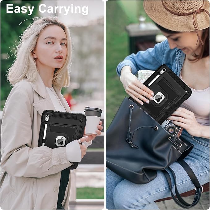 Kids Friendly Case for iPad A16 11th Generation 11 Inch 2025 / iPad 10th Generation 10.9" 2022 Case with Pencil Holder & Shoulder Strap, Hybrid iPad 11 10 Cover Rugged Shockproof Kickstand,Black