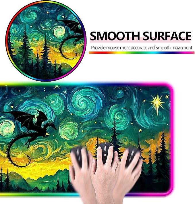 RGB Fantasy Starry Night Forest and Dragon Gaming Desk Mat, Computer Keyboard Large Extended Long LED Mouse Pad for Office and Home, XL (W05)