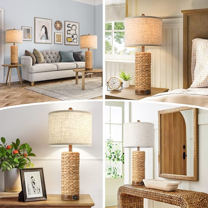 Set of 2 Rattan Table Lamps for Living Room with 2 USB Ports, 27In Tall Bedroom Lamp Costal Farmhouse, Rustic Woven Seagrass Bedside Nightstand Lamps for End Table, E26 Socket&Rotary Switch, No Bulb