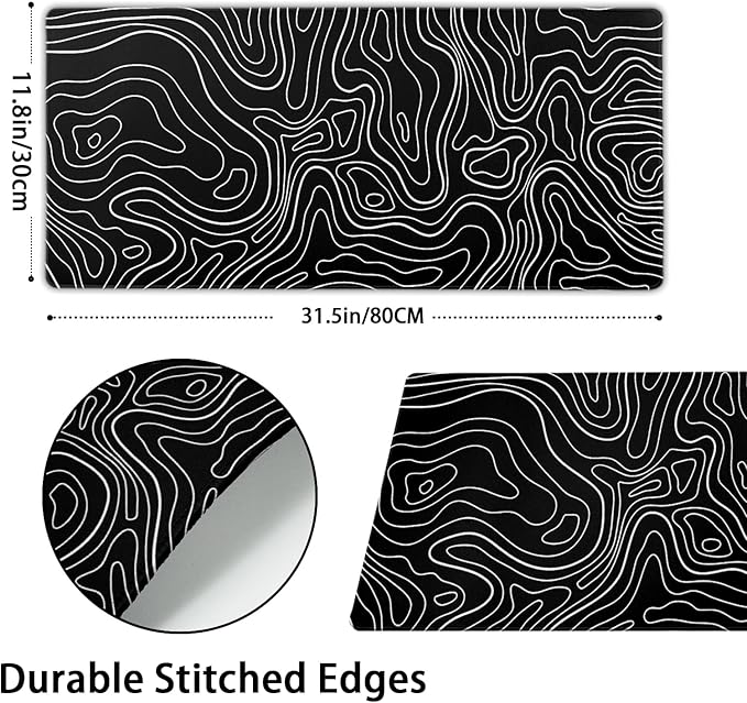 Kawani Topographic Contour Gaming Mouse Pad XL,Large Black Mouse Mat Desk Pad 31.5/inch x 11.8/inch,Extended Stitched Anti-Slip Base Long Computer Keyboard Mousepad Home Laptop Game Office Work