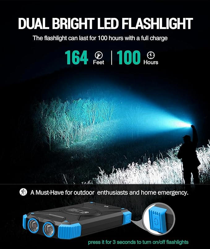 BLAVOR Solar Power Bank 10,000mAh, Portable Wireless Charger, 20W Fast Charging External Battery Pack with USB C for Cell Phones, Solar Panel Charging with Dual Flashlight for Camping