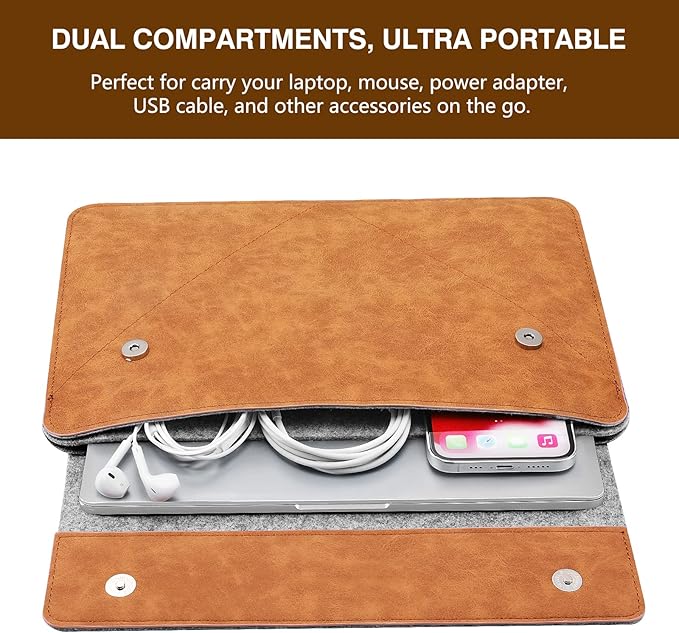 MoKo 13-13.3 Inch Laptop Sleeve Fits New 13-inch Mac Neo/Pro 13" M2/M1, MacPro 14", Mac Air 13.3", iPad Pro 13, Surface Pro 9/8 13", Felt & PU Leather Case Bag with Pocket, Gray&Brown