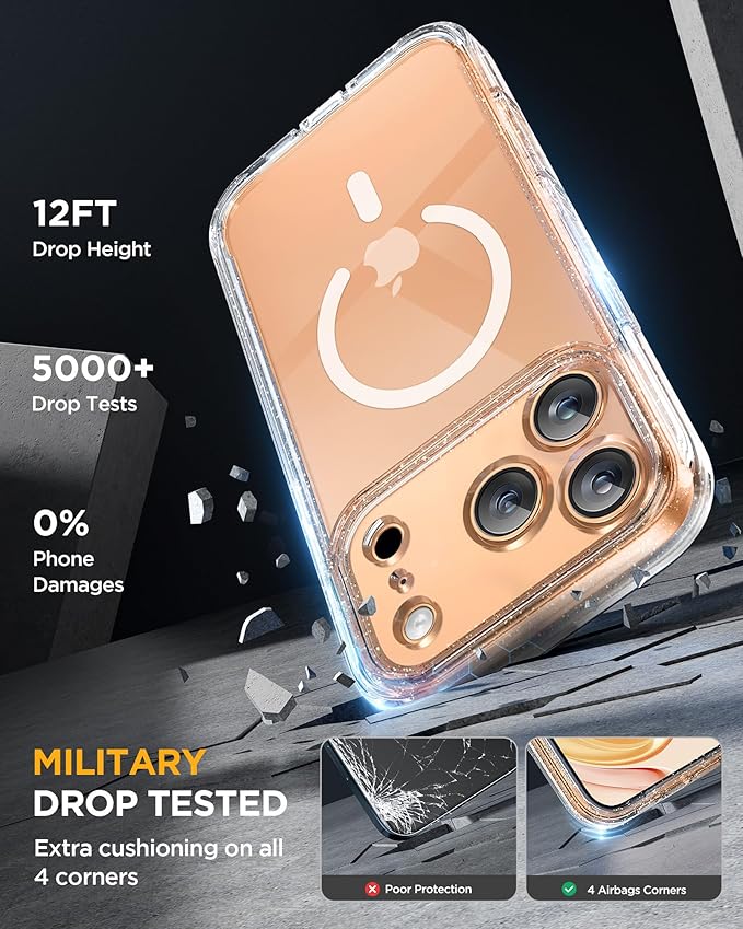 Miracase Magnetic for iPhone 17 Pro Case 6.3" [Compatible with MagSafe] Full-Body Phone Case with Built-in Glass Screen Protector & Camera Control,Drop Proof iPhone 17 Pro Cover, Clear Glitter