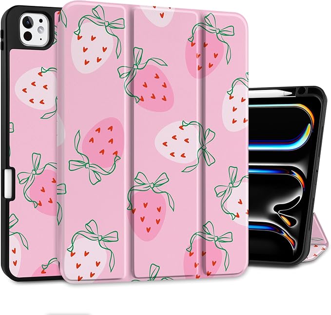 MEEgoodo Case for M5 iPad Pro 11 inch 2025/M4 iPad Pro 11 inch Case 2024, Tablet Cover with Trifold Stand & Pencil Holder & Auto Wake/Sleep & Soft TPU Back Cover, Strawberry & Bow