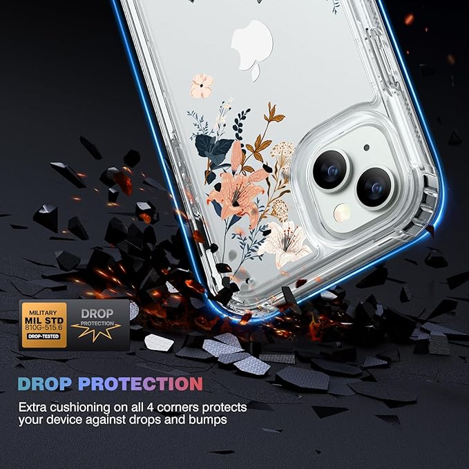 Diaclara Designed for iPhone 15 Plus Clear Flower Butterfly Phone Case 6.7’’, Full Body Rugged Cover w/Built-in Screen Protector+ GlassCamera Lens Protector(Butterfly)
