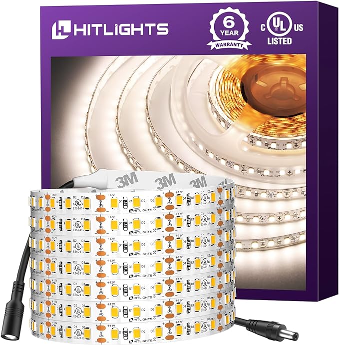 HitLights White LED Strip Lights 4000K,16.4ft High Density 12V Tape Light, UL Listed, 600 LEDs, CRI>90, 300Lm/ft, Flexible Dimmable Rope Lights for Bedroom, Kitchen, Cabinet(Power Source Not Included)
