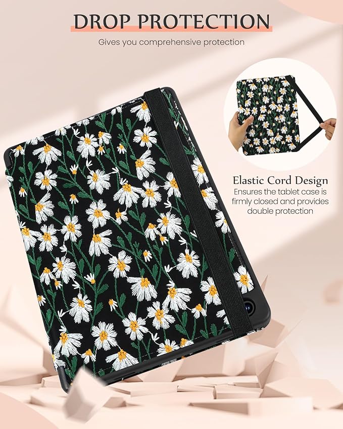 Uppuppy for Samsung Galaxy Tab A9 Plus Case 11'' - Women Girls Cute Embroidered Folio Stand Cover with Pencil Holder & Card Slot Girly Black Daisy Floral Design Aesthetic Cases for Samsung Tab A9 Plus