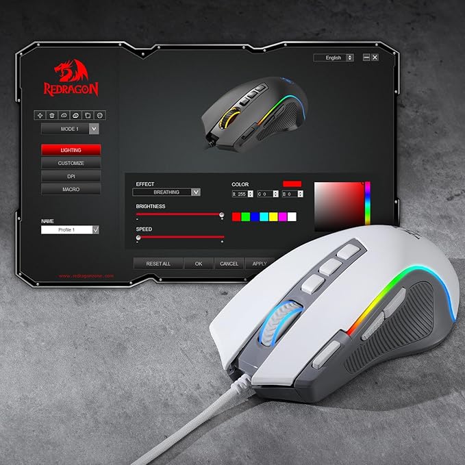 Redragon M612 RGB Gaming Mouse, 8000 DPI Wired Optical Mouse with 9 Programmable Buttons & 5 Backlit Modes, Software Supports DIY Keybinds Rapid Fire Button, Gray&White