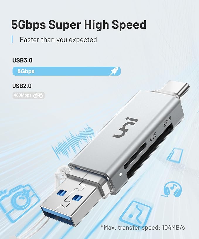 SD Card Reader, uni High-Speed USB C to Micro SD Card Adapter USB 3.0 Dual Slots, Memory Card Reader for SD/Micro SD/SDHC/SDXC/MMC, Compatible with MacBook Pro/Air, Chromebook, Android Galaxy - Silver