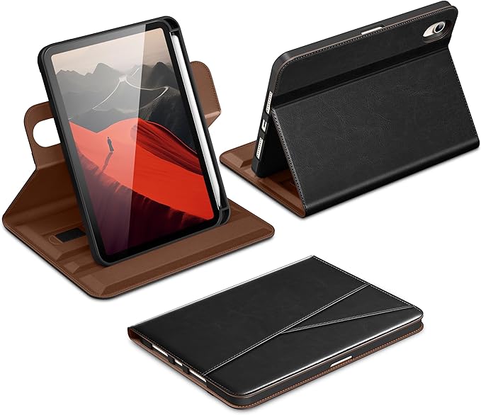 DTTO for iPad mini 7 (A17 Pro) Case, iPad mini 7th / 6th Generation Case (2024/2021), 360 Degree Rotating Premium Leather Folio Stand Cover with Pencil Holder, Black