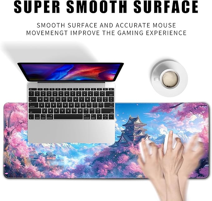 Japanese Cherry Blossom Desk Mat Anime Gaming Mouse Pad Large Desk Pad for Desk Computer Pc Laptop Office Decor, Mouse Keyboard Pad Stitched Edges Non-Slip Rubber Mat Desk Pad, 31.5x11.8 in