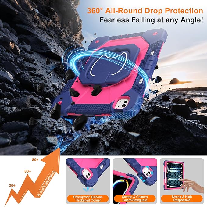 Case for iPad Pro 13 Inch M5 2025 / M4 2024, Auorld for iPad Pro 13 Inch M5 2025 with Screen Protector, 360 Degree Rotating Stand Shoulder Strap Pencil Holder, Navy Pink
