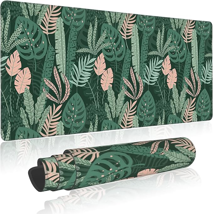 Extended Gaming Mouse Pad Abstract Tropical Leaves Large Mousepad with Stitched Edges,Anti-Slip Rubber Base Keyboard Mouse Mat Desk Pad for Gaming Home Office 35.4 x 15.7 inches
