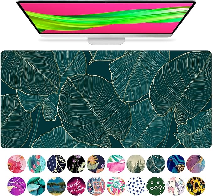 French KOKO Large Mouse Pad, Desk Mat, Keyboard Pad, Desktop Home Office School Essentials College Cute Decor Big Extended Protector Computer Accessories Pretty Mousepad Women Girls XL Green Leaves