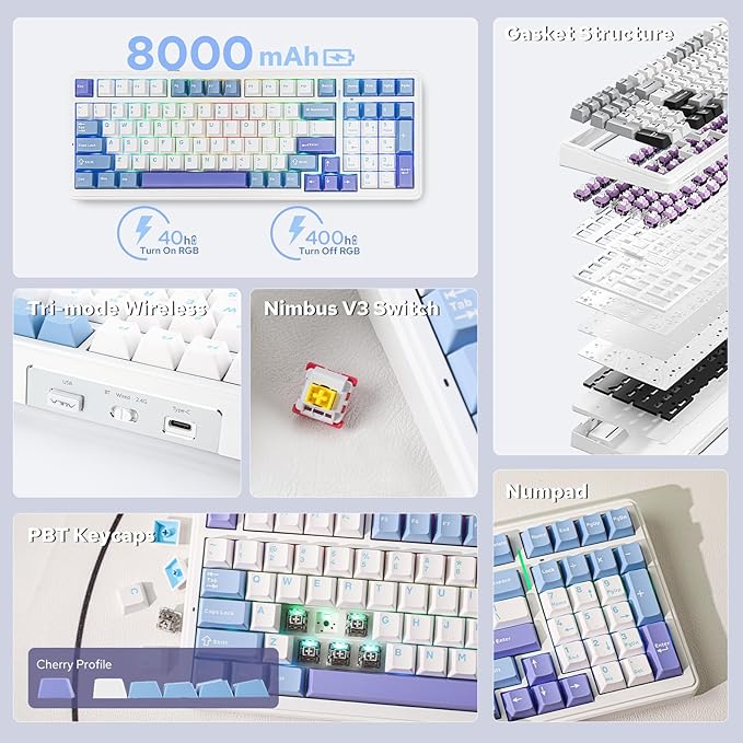 EPOMAKER x Aula F99 Wireless Mechanical Keyboard, Hot Swappable Gasket Custom Gaming Keyboard with Five-Layer Padding, BT/2.4GHz/USB-C, 8000mAh Battery (White Light Blue, Nimbus V3 Switch)