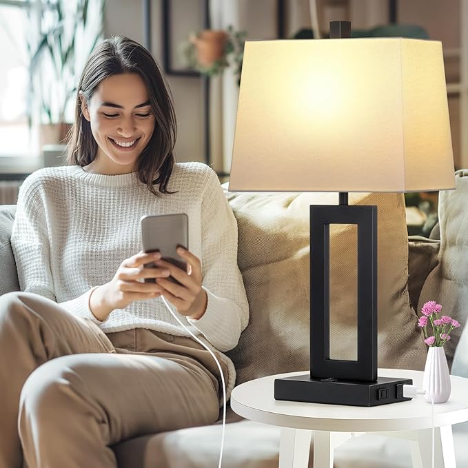 Cinkeda Table Lamp Set of 2 with USB C+A Ports & AC Outlet, Bedside Lamps, Modern Bedroom Lamps, Black Lamps for Bedroom Living Room,Nightstand Lamp（Push Button Swich/NO dimming