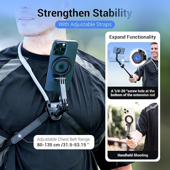 JJC Magnetic Neck Mount for Phone & Action Camera, POV Neck Holder for iPhone 17-12 Series Android Phones Gopro Insta360 with Quick Release & Angles Adjustment for Content Creating Video Filming