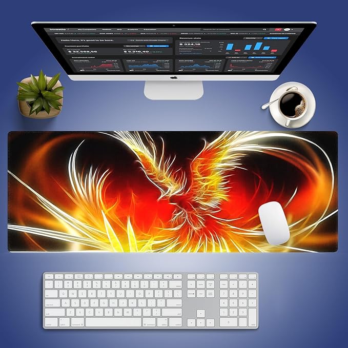 XXL Gaming Mouse Pad with Stitched Edges 31.5 x 11.8 Inches - Phoenix After Fire Shower Renascence, Smooth Cloth Surface Natural Anti-Slip Rubber Base Large Desk Mat for PC Office/Home