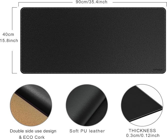 Chihein 2XL 35" x 16" Cork & PU Leather Desk Mat, Dual Sided Desk Pad Protector, Waterproof Writing Blotter for Gaming, Office, Home (Black)