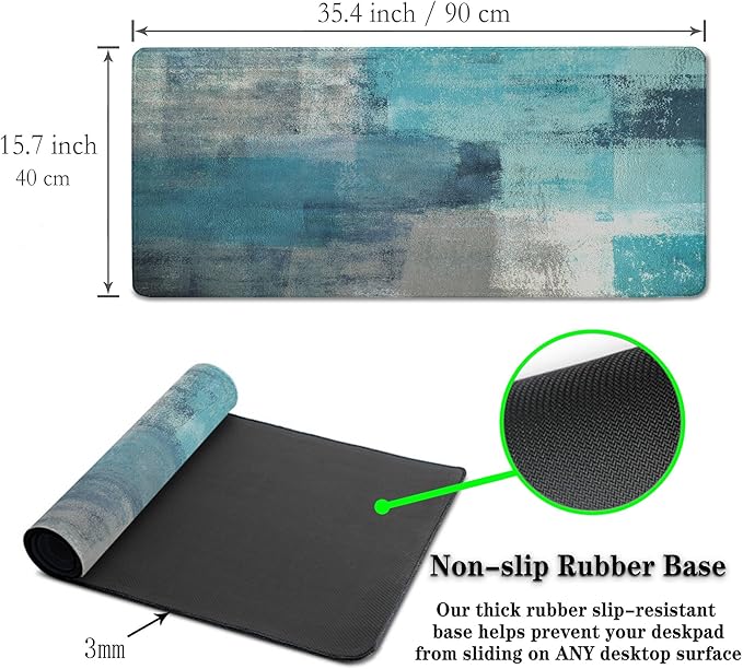 XXL Mouse Pad Turquoise and Gray, Extra Large Mouse Pad Gaming Desk Mats, Oversized Mousepad Non-Slip Rubber Base, 35.4 X 15.7 inch for Work/Game/Office/Home Abstract Painting Contemporary