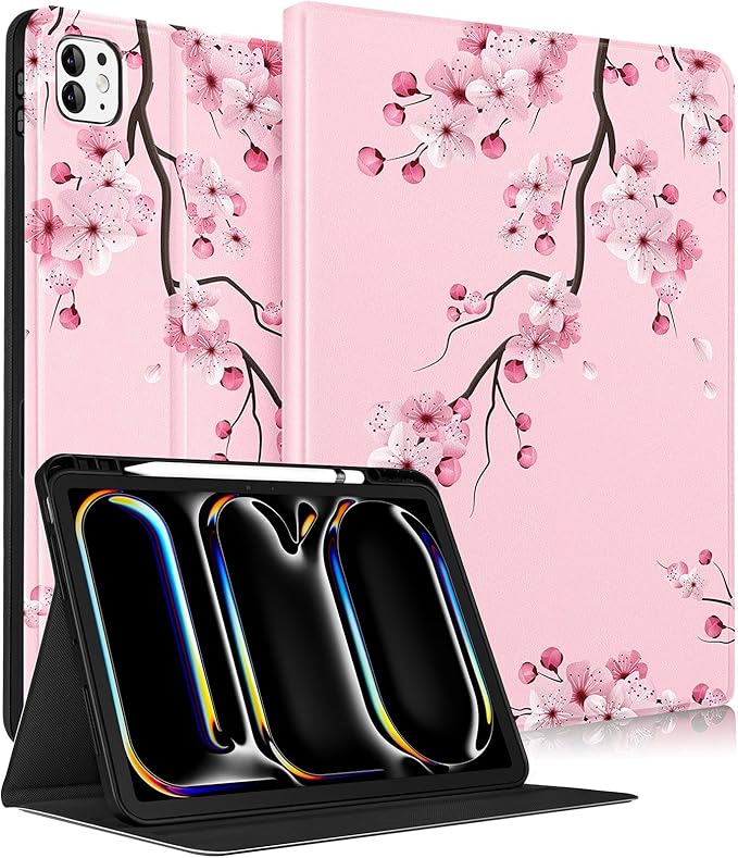 Uppuppy for iPad Pro 13 Inch Case 2024 - Cute Women Girls Folio Smart Cover with Pencil Holder Girly Flower Unique Pretty Aesthetic for iPad Pro M4 13 Inch Cases A2925 A2926 A3007