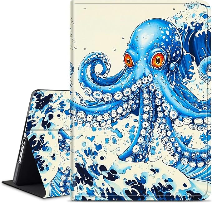 for Amazon Kindle Fire 7 (12th Generation, 2022 Release) 7" Tablet Case, Slim Kickstand Stand Leather Smart Cover with Auto Wake/Sleep, Blue Octopus